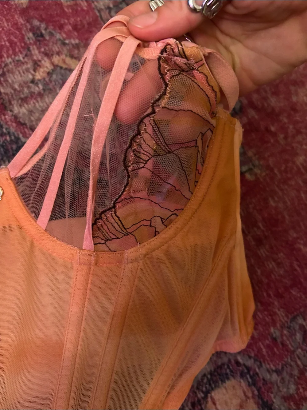 Women's Sheer Lace-Panel Bustier Top - Orange
